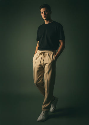 Men's khaki pull-on trousers with drawstring elastic waist and straight legs