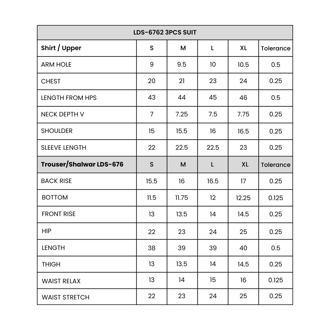 Women's  3 Piece Embroidered Lilac Size Chart