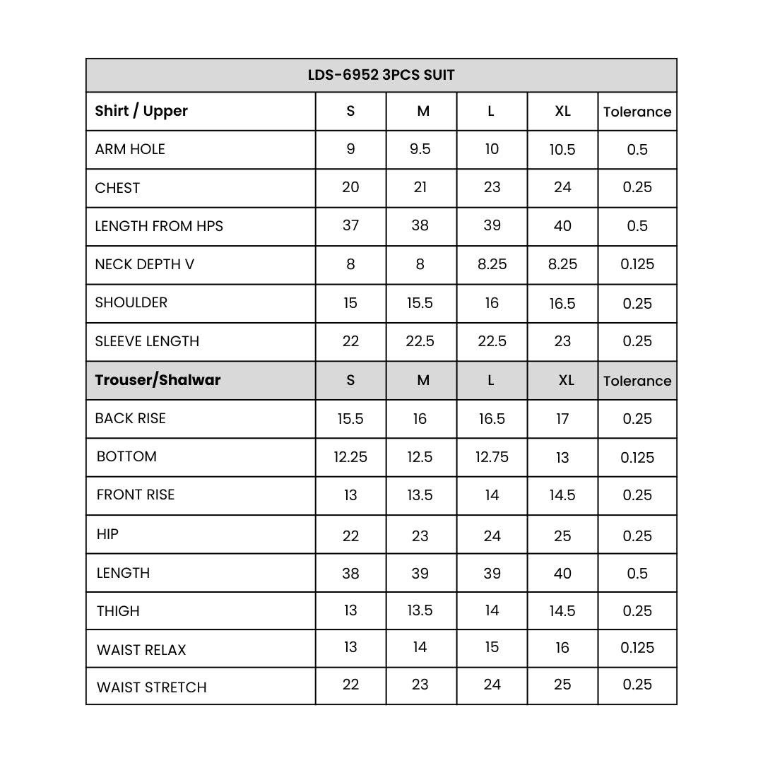 Women's  3 Piece Embroidered Biege LDS-6952 Size Chart