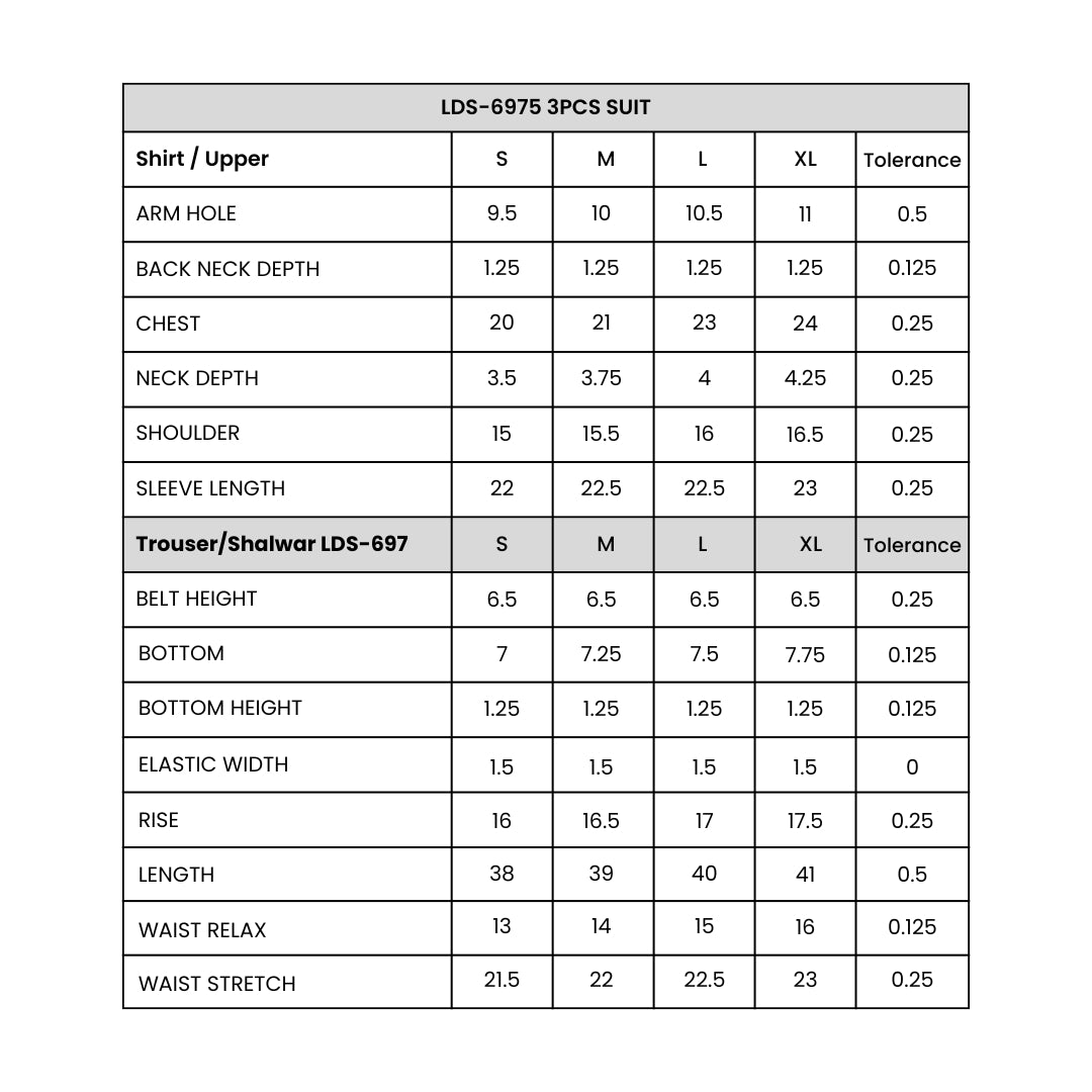 Women's  3 Piece Embroidered D/Blue Size Chart