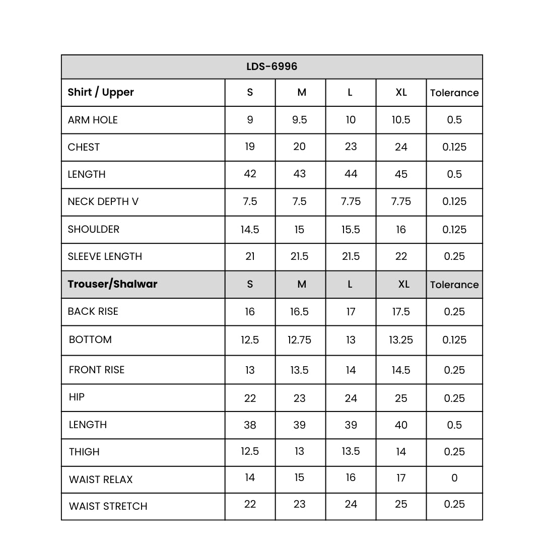 Women's  3 Piece Suit Ptd Size Chart