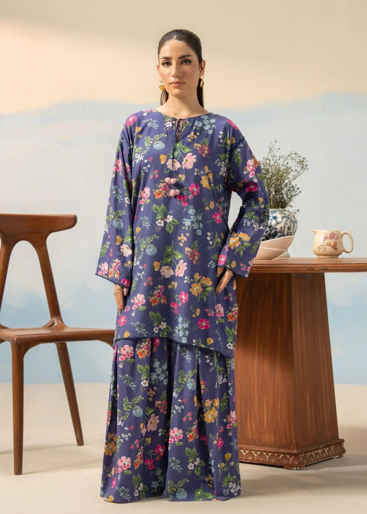 Women’s winter 2-piece set in dark purple with multicolor floral print, long kurta-style top and skirt