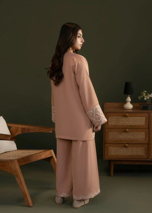 Women’s peach georgette co-ord set, long tunic and pants with embroidered cuffs and hem