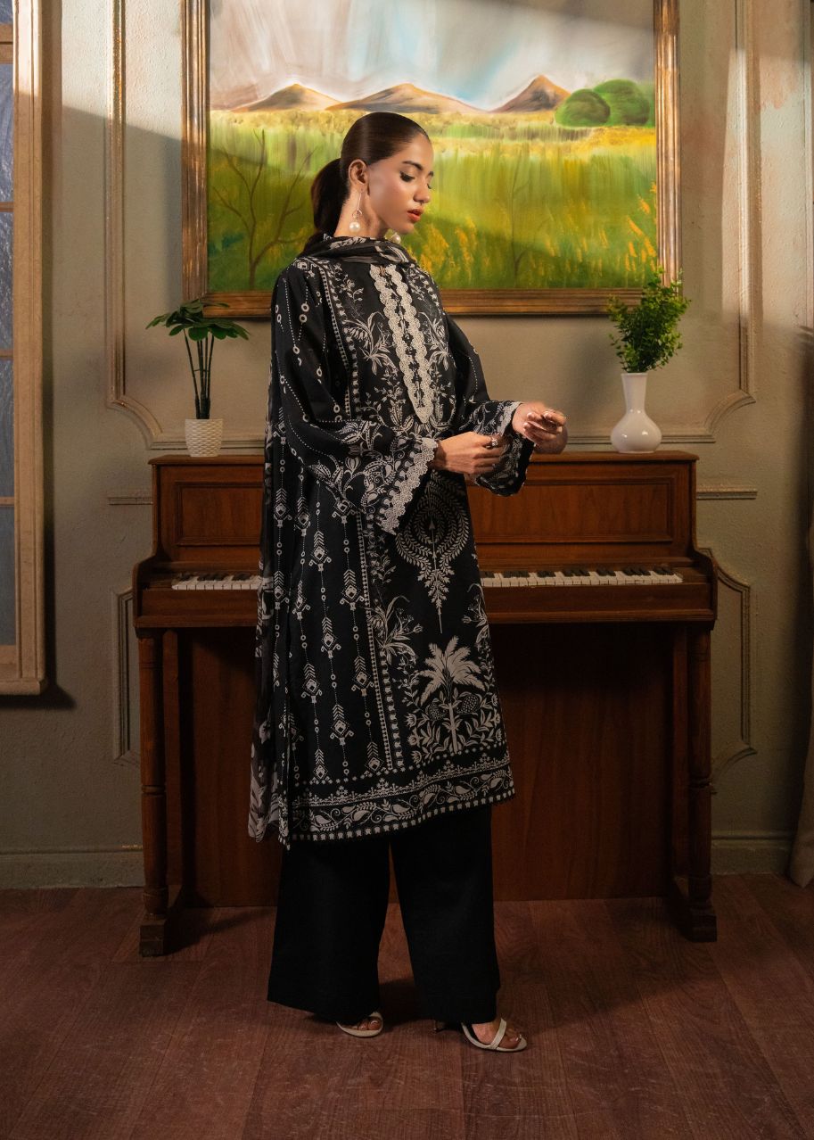 Women's printed 3-piece suit, dark tunic with ornate white motifs and matching wide-leg pants