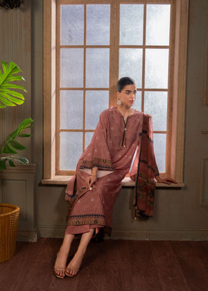 Women's 3-piece silk suit, mauve kurta with flared sleeves and matching trousers set
