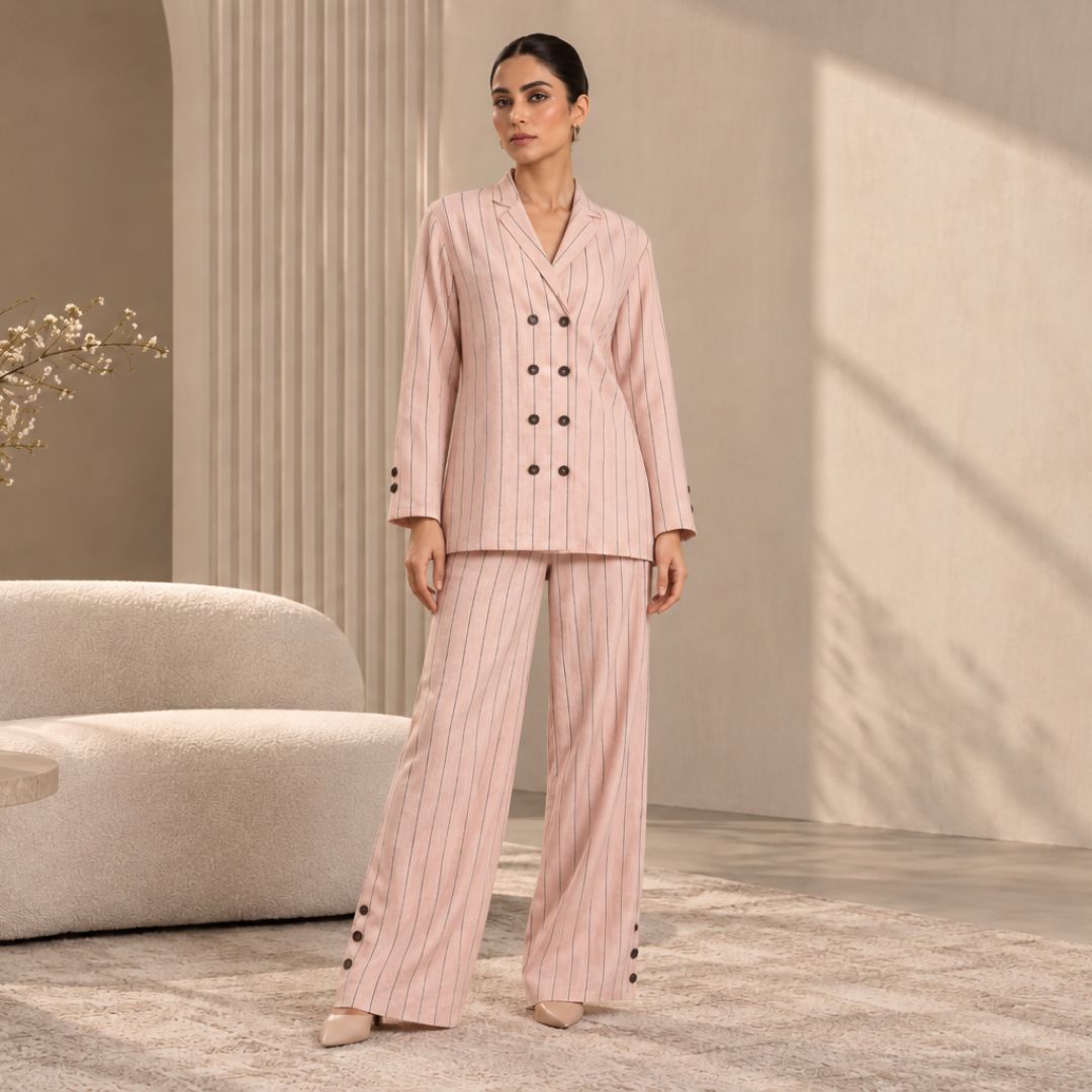 Women's  Co-Ord Set L/Peach Stripes
