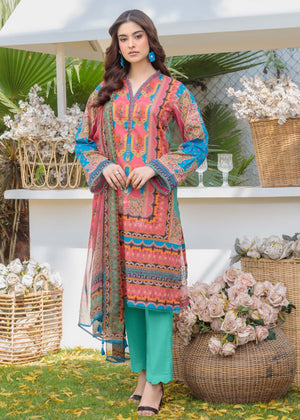 Women's multicolor printed kurta set with teal straight pants, long sleeves and V-neck.