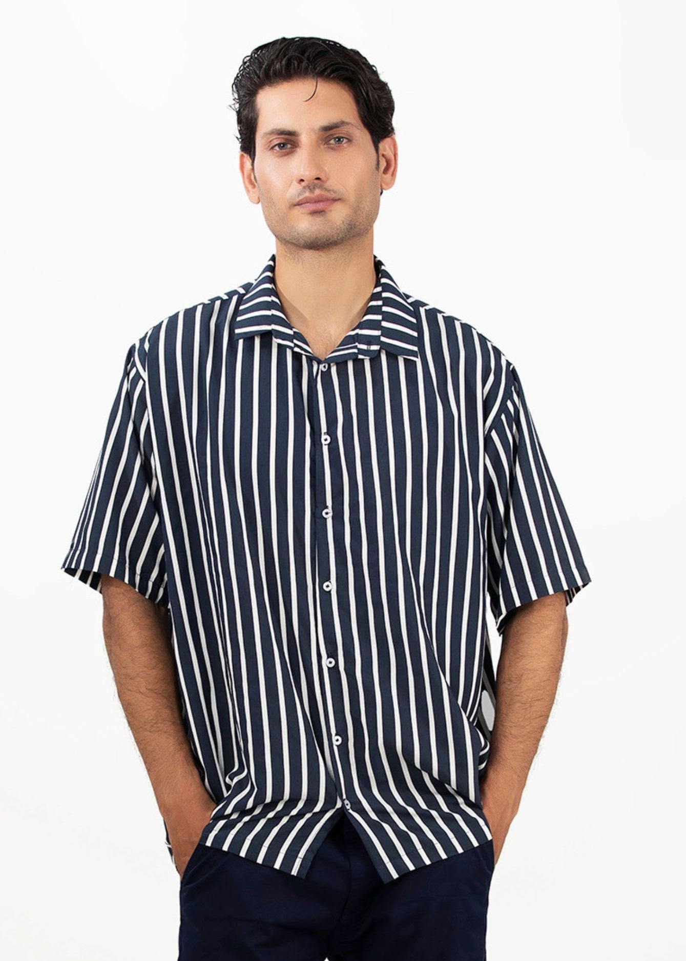Men's striped short-sleeve button-up shirt with dark vertical stripes, front button placket