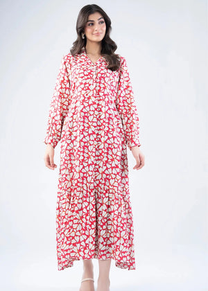 Pink and white abstract print long dress with long sleeves and flowing skirt