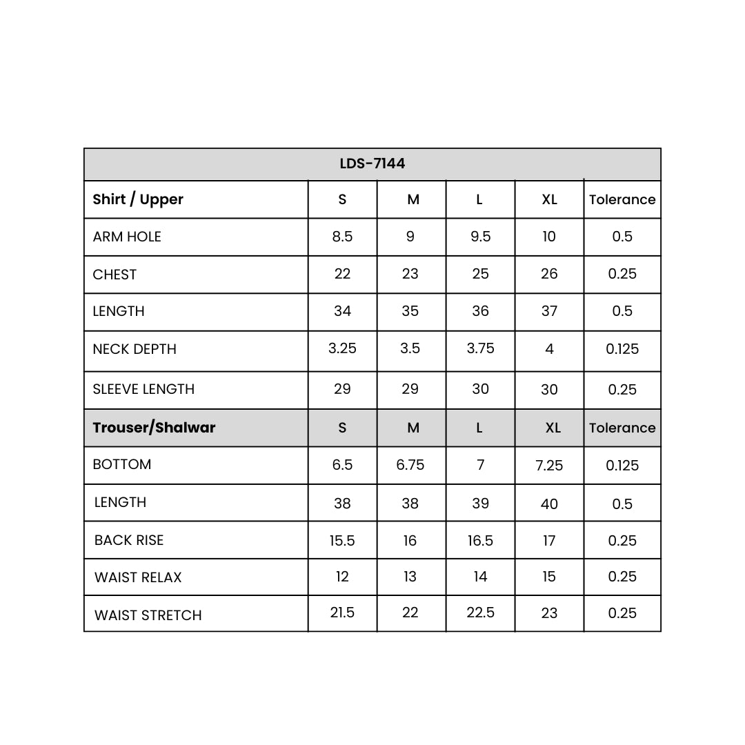 Women's  2 Piece Suit Printed Size Chart