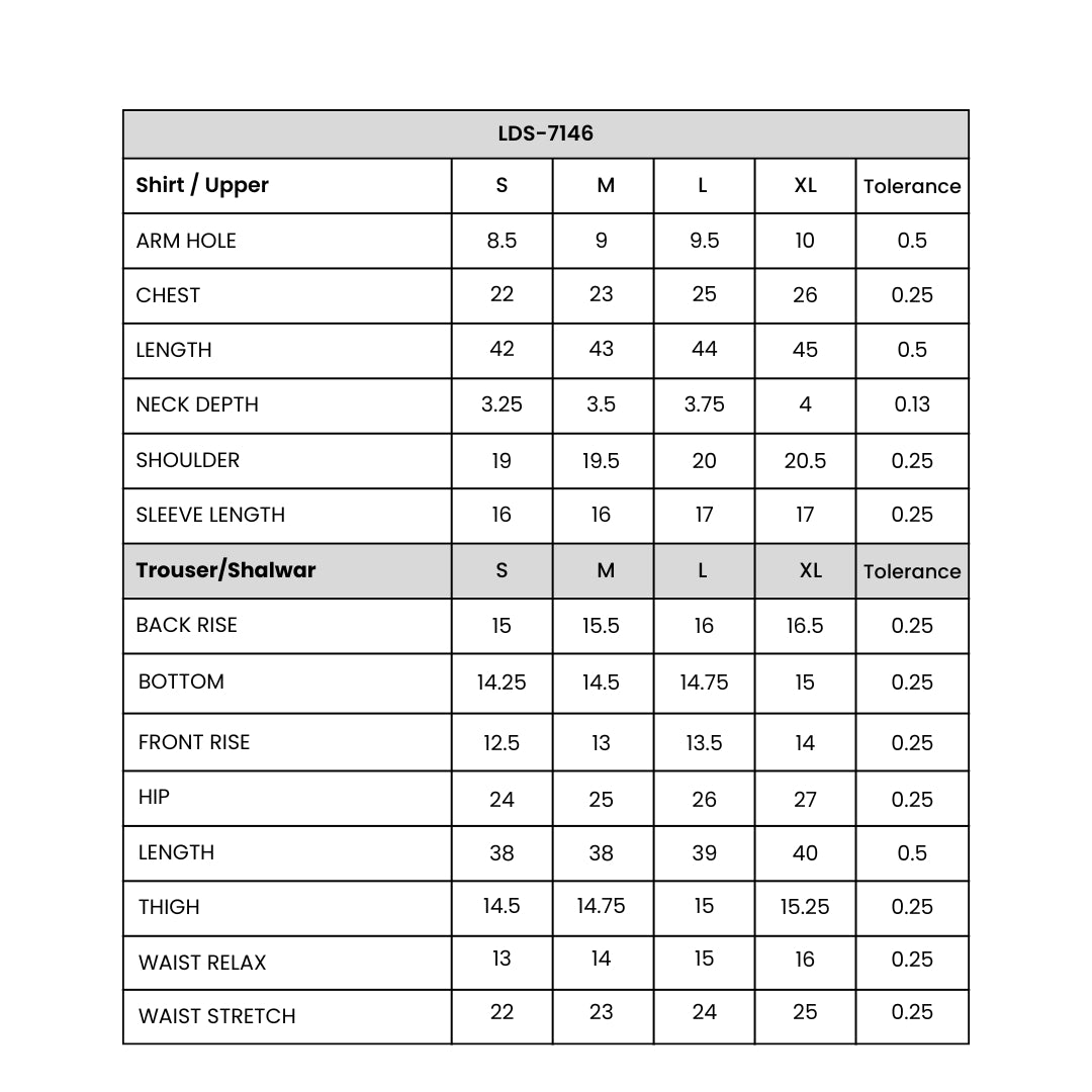 Women's  2 Pcs Suit Printed Size Chart