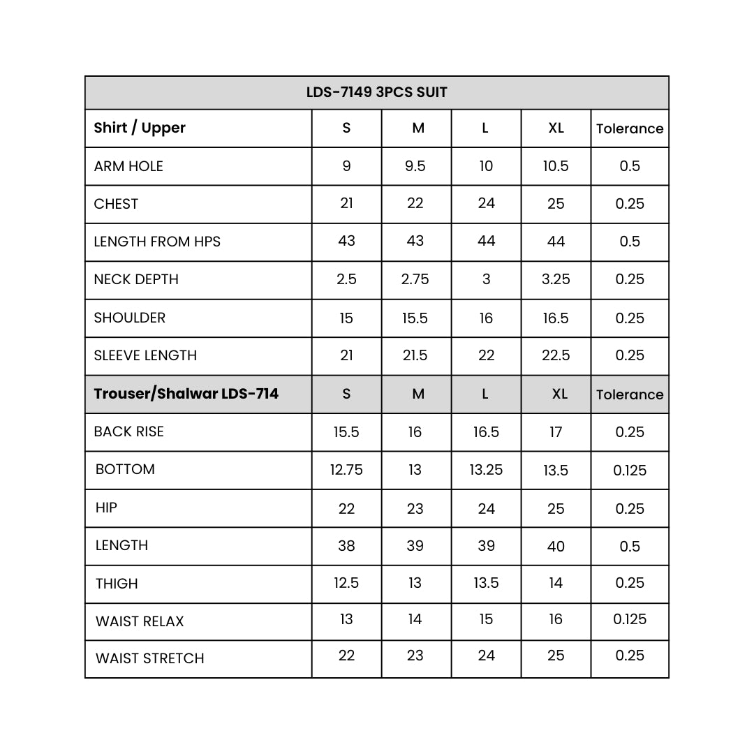 Women's  3 Piece Suit Printed Size Chart