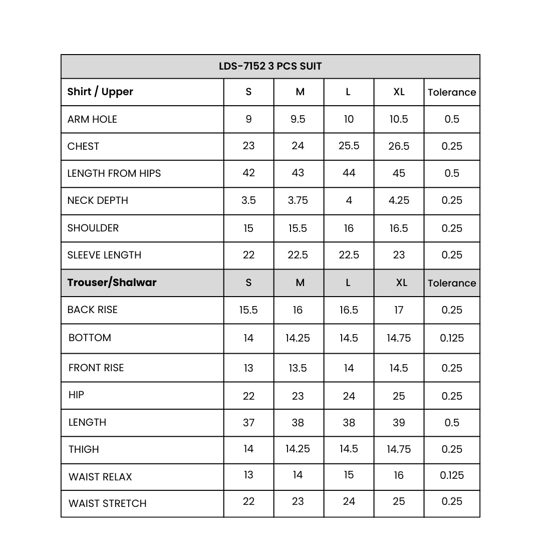 Women's Summer 3 Pcs Suit Printed Size Chart