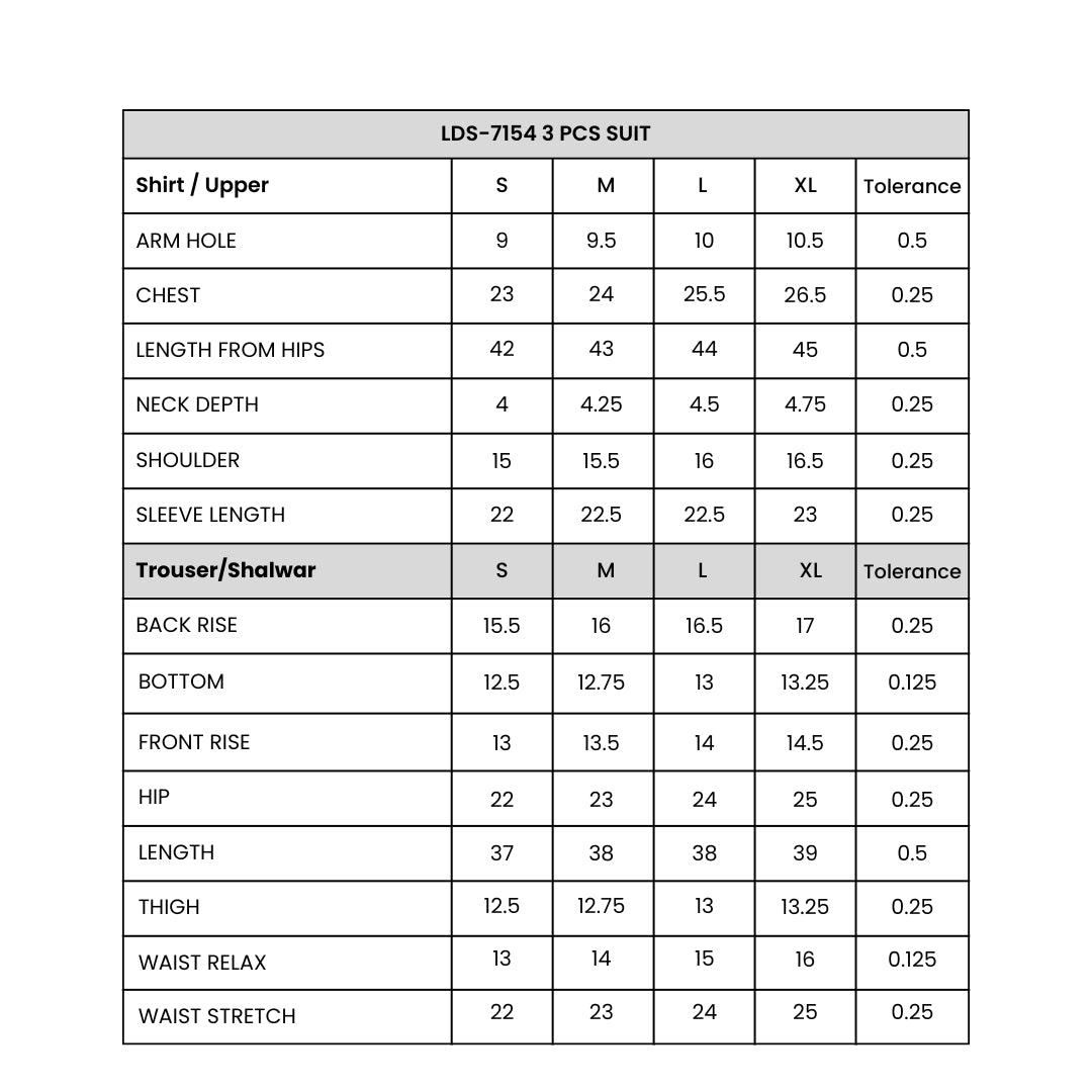 Women's  3 Pcs Suit Printed Size Chart