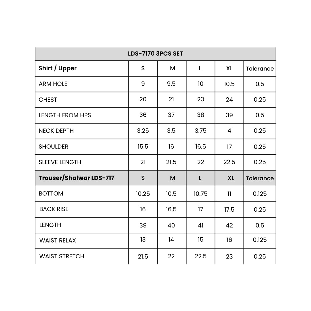 Women's  3 Piece Embroidered Maroon Size Chart