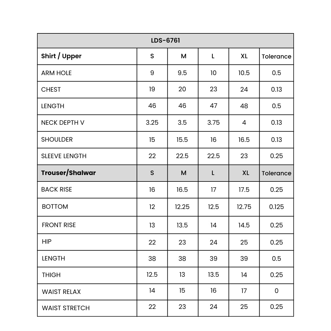 Women's  3 Piece Suit Printed LDS-6761 Size Chart