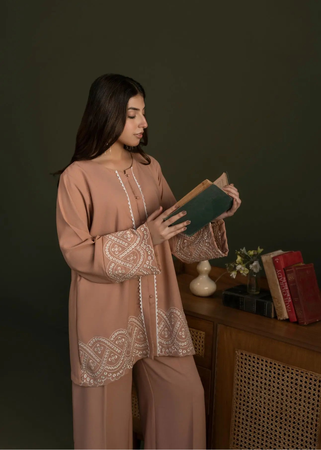 Women’s peach georgette co-ord set with embroidered long tunic and matching pants, keyhole