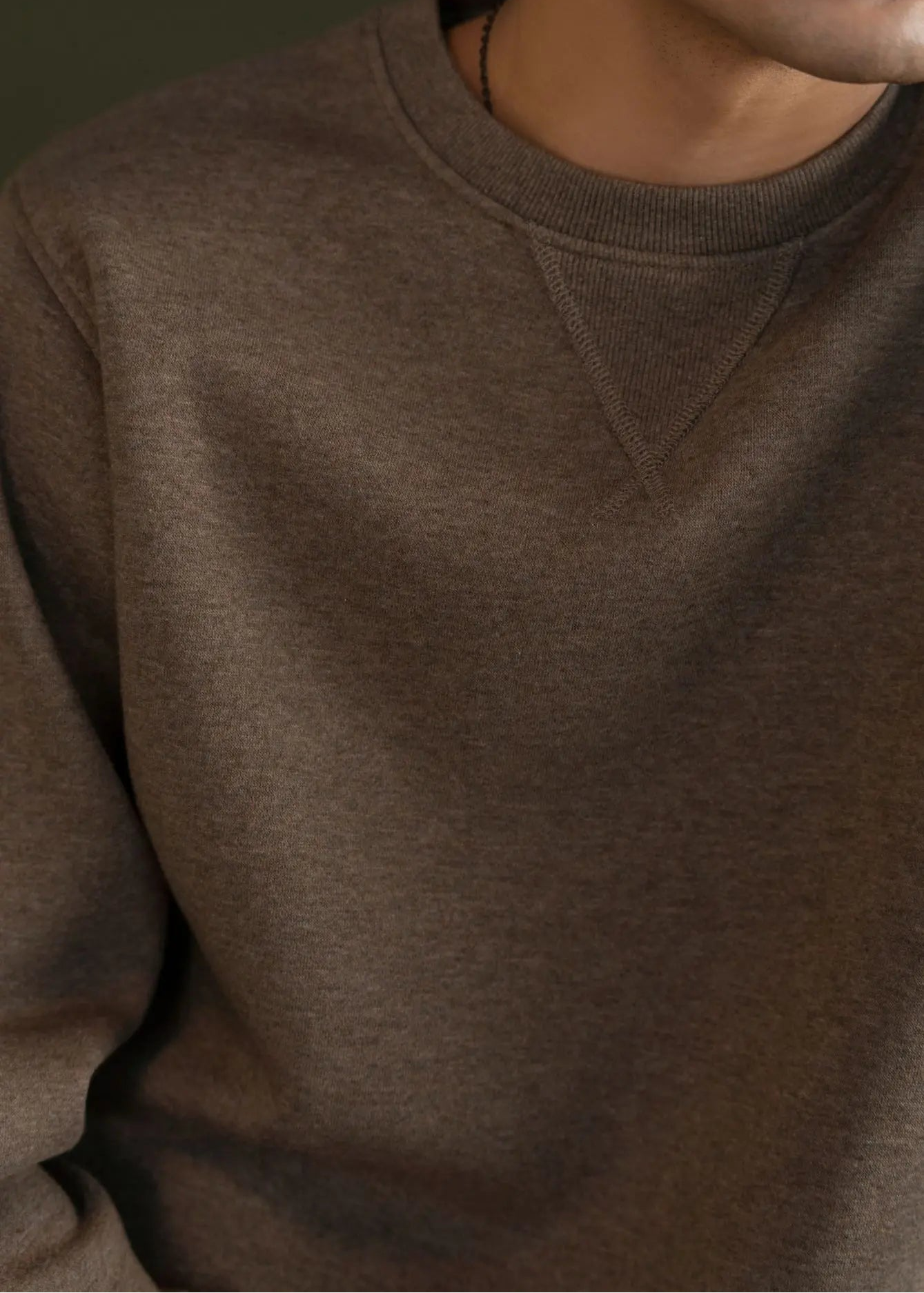 Brown sweatshirt neckline and crew collar with ribbed trim