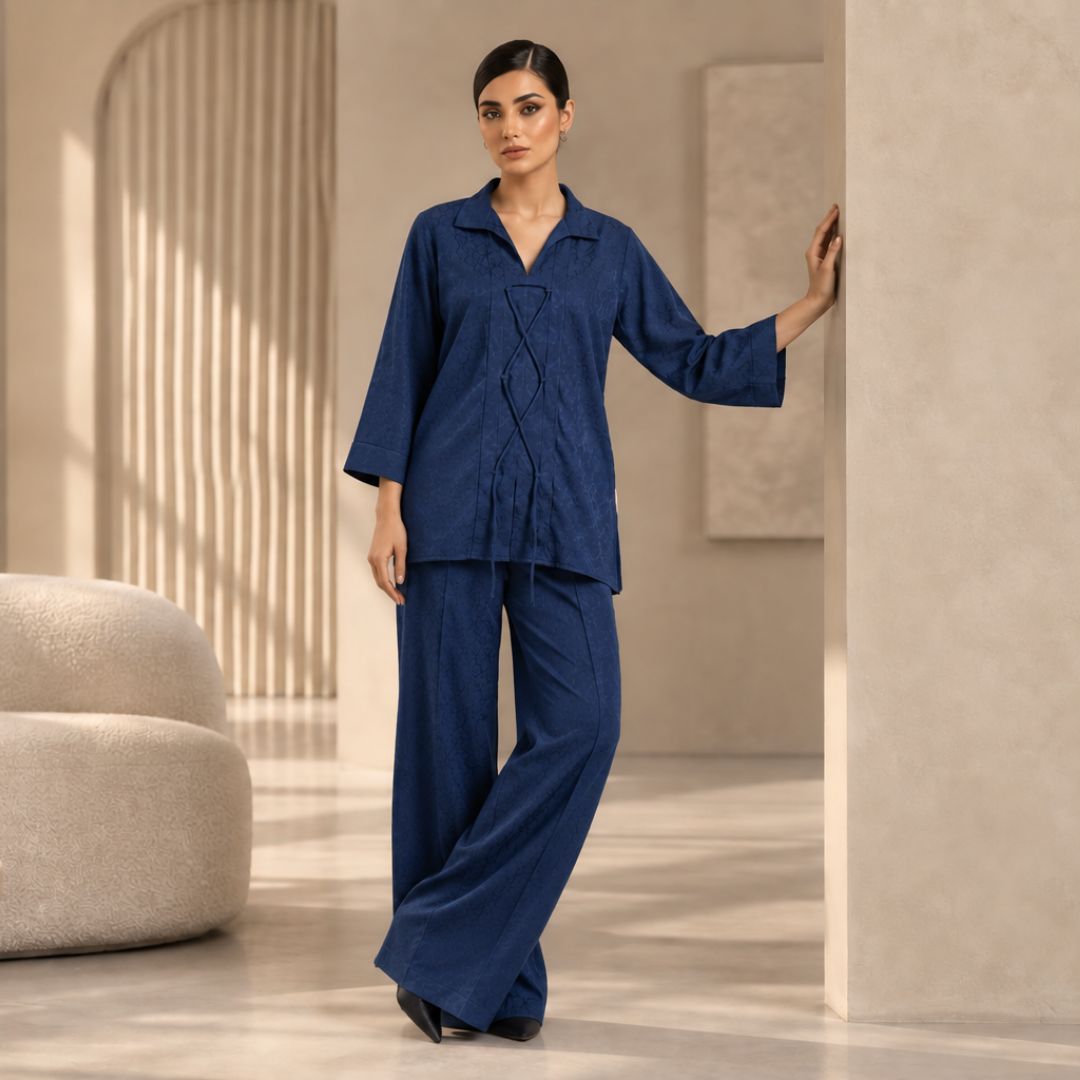 Women’s navy blue co-ord set with button-up shirt and wide-leg pants
