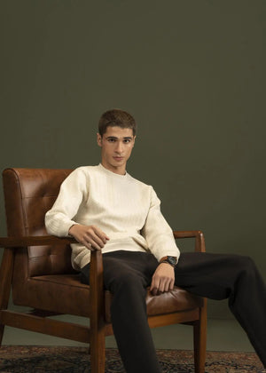 Stone jacquard crewneck winter sweatshirt with ribbed cuffs, seated relaxed