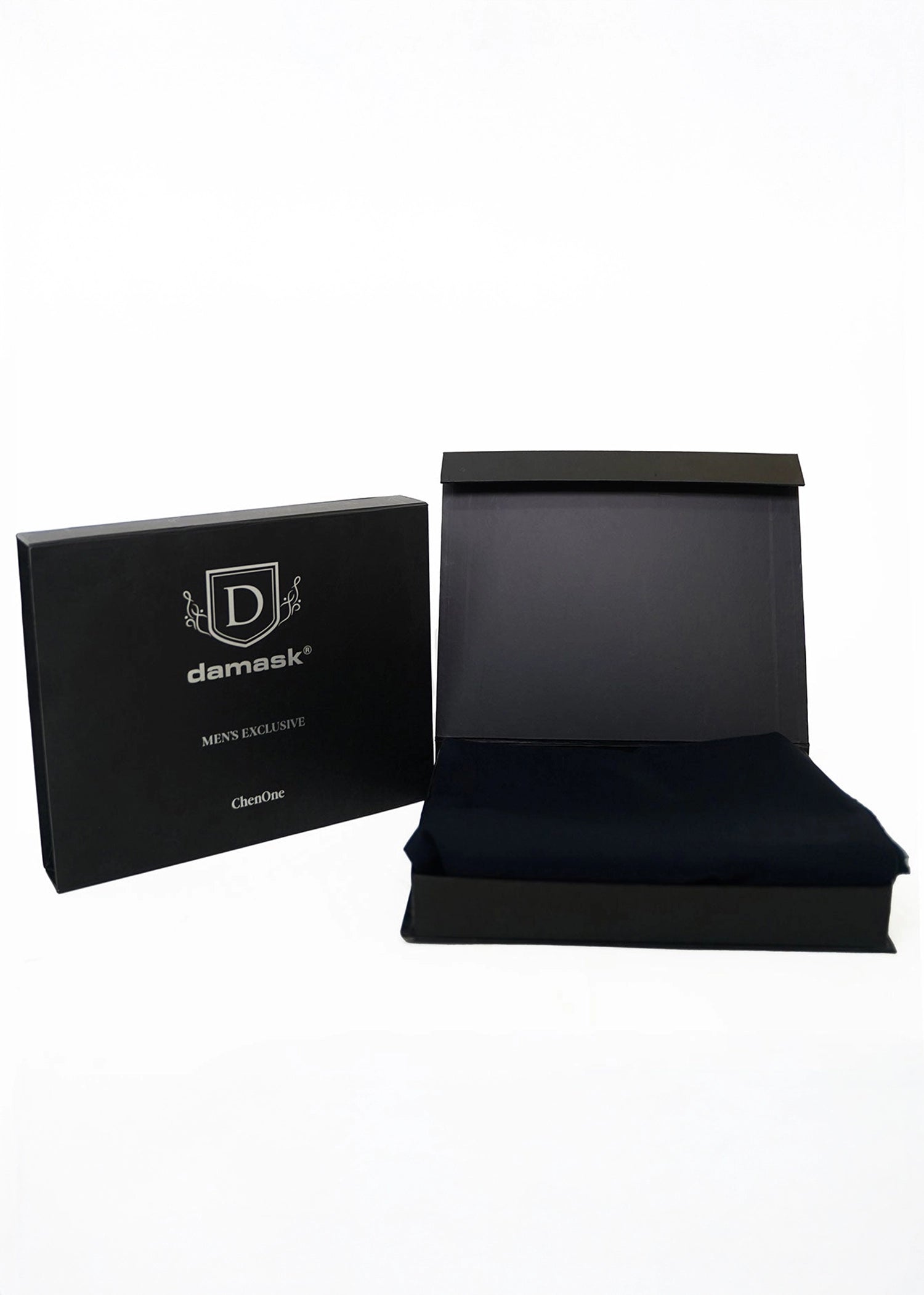 damask box with folded navy blue dobby fabric, gift-ready packaging