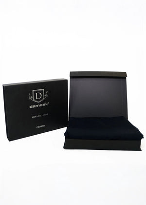 damask box with folded navy blue dobby fabric, gift-ready packaging