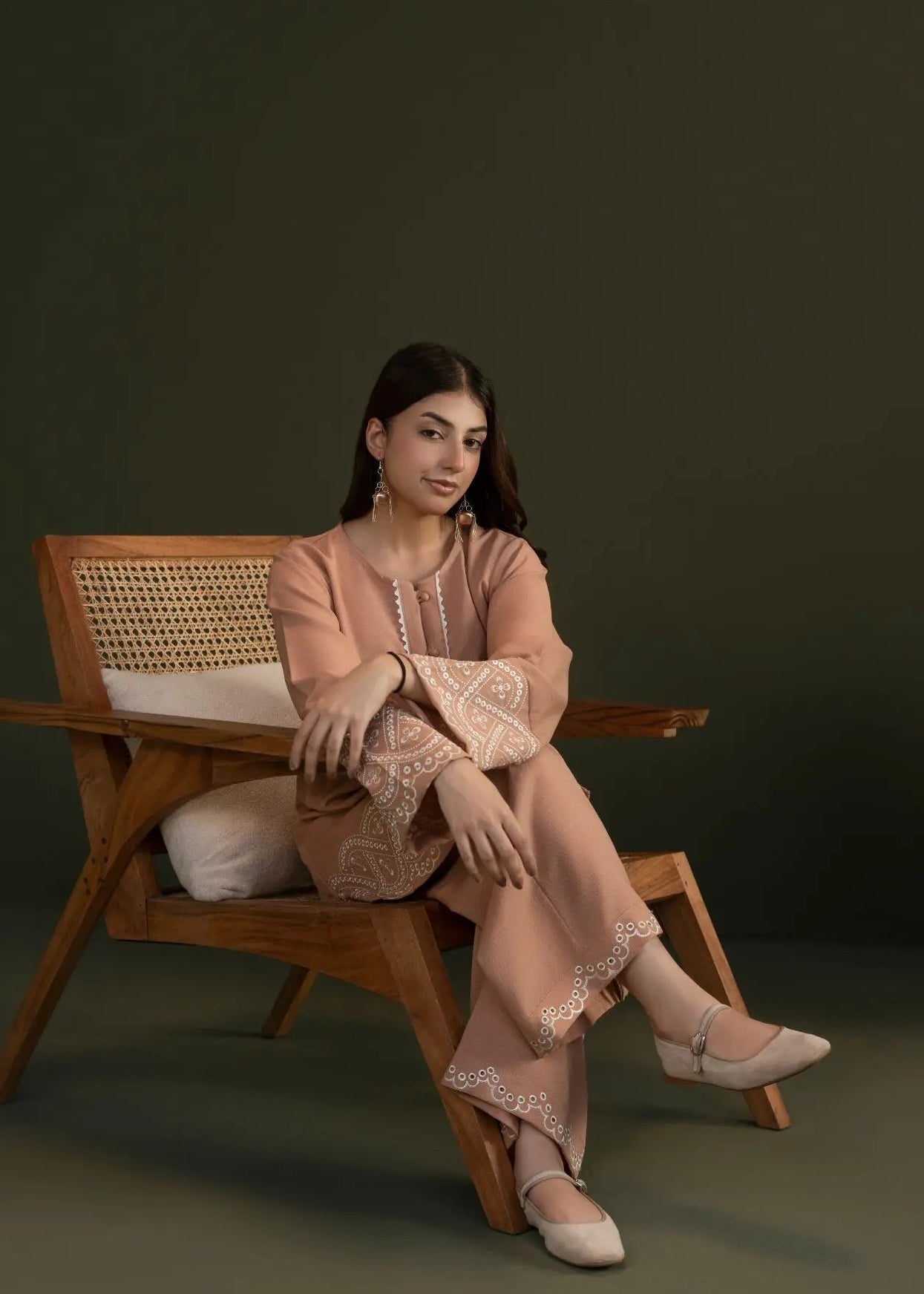 Women’s peach georgette co-ord set with embroidered long tunic and matching wide-leg pants