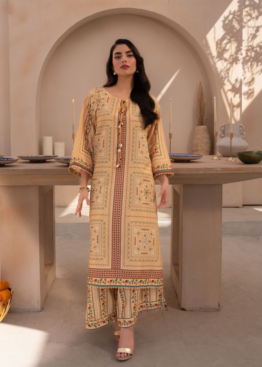 Women's printed two-piece suit, long tunic with matching ankle-length pants, border details