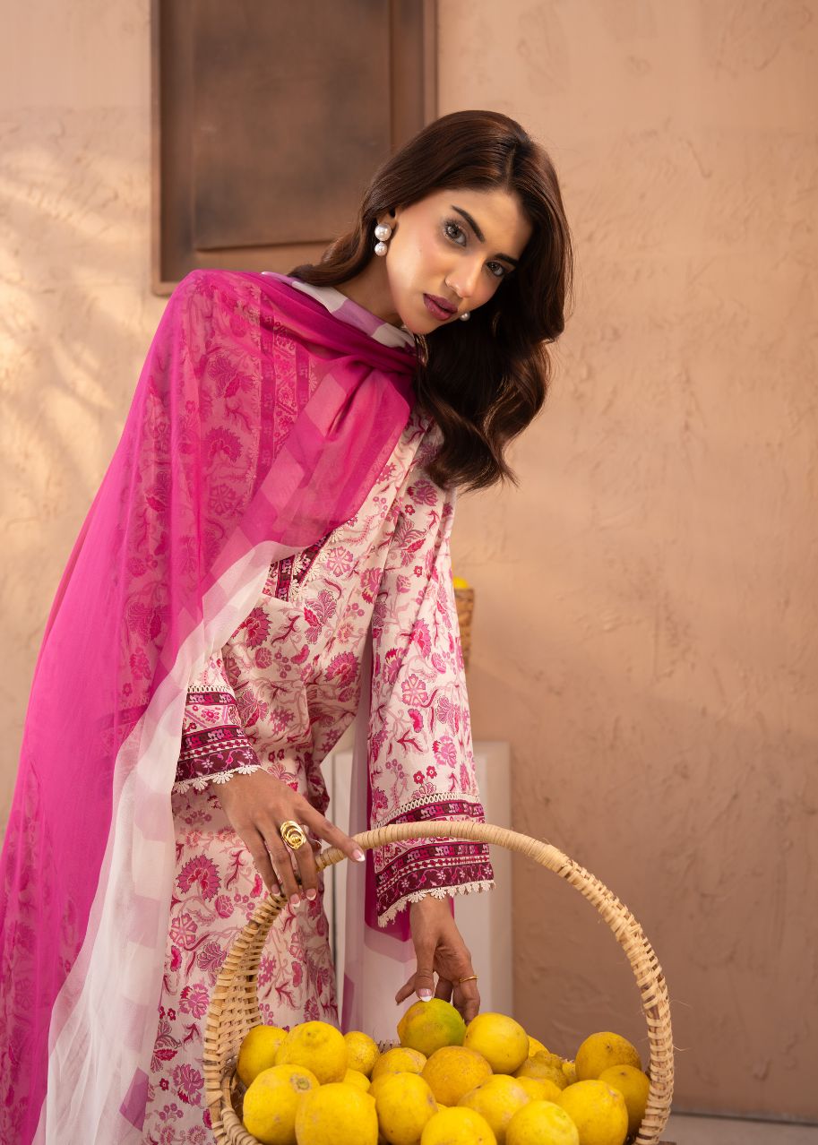 Pink floral printed long tunic suit with V-neck and matching sheer dupatta