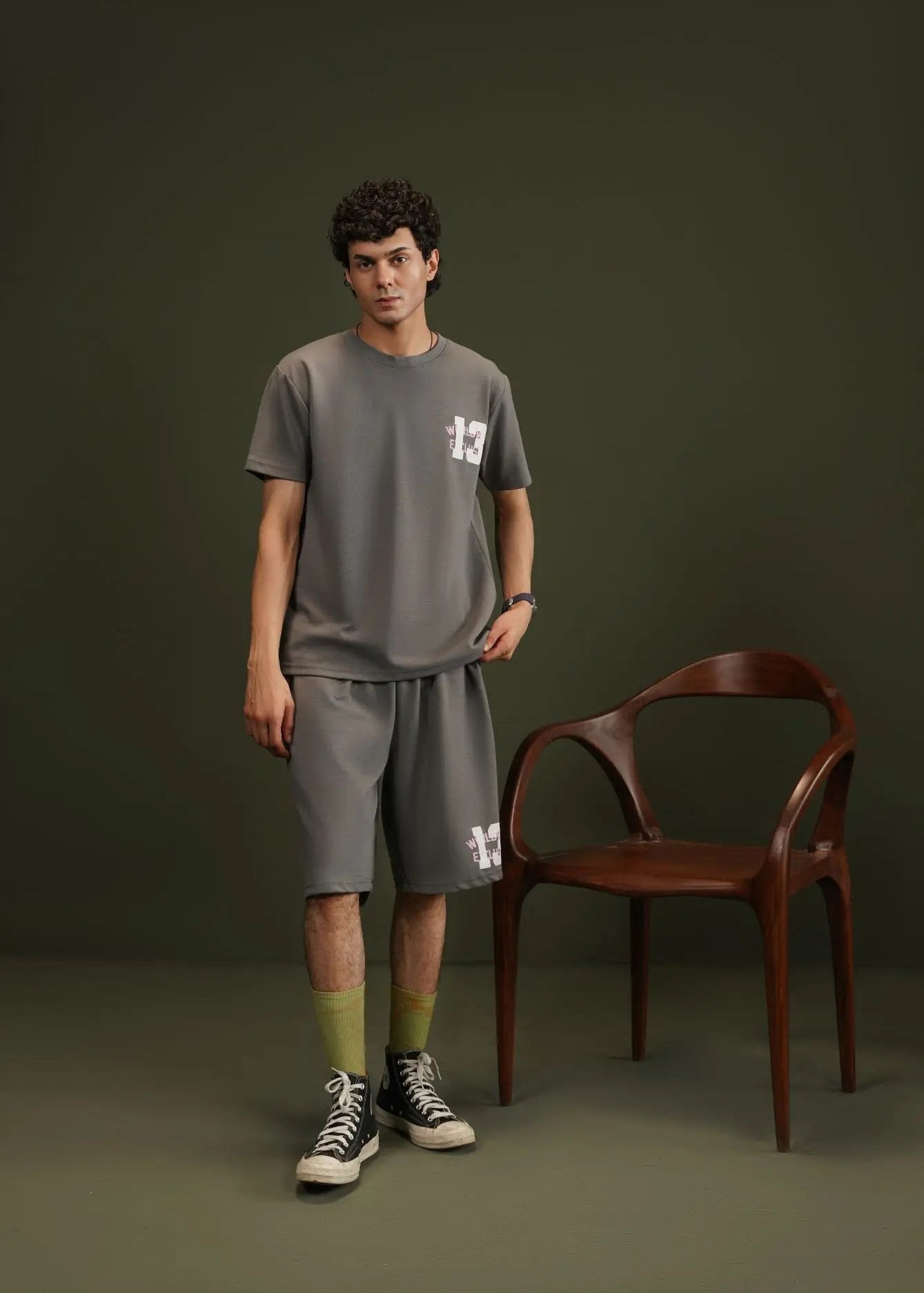 Men's terry short-sleeve t-shirt, charcoal grey, crew neck, chest graphic print.
