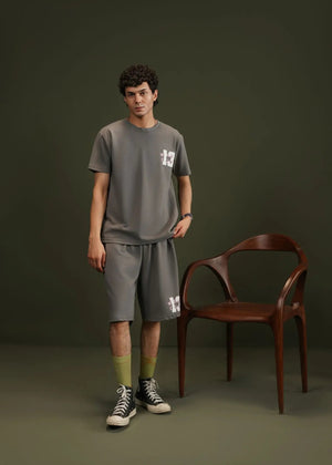 Men's terry short-sleeve t-shirt, charcoal grey, crew neck, chest graphic print.