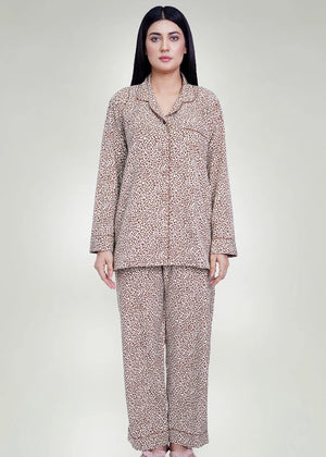 Men's silk night suit set in tan and brown leopard print, long-sleeve top and pants.