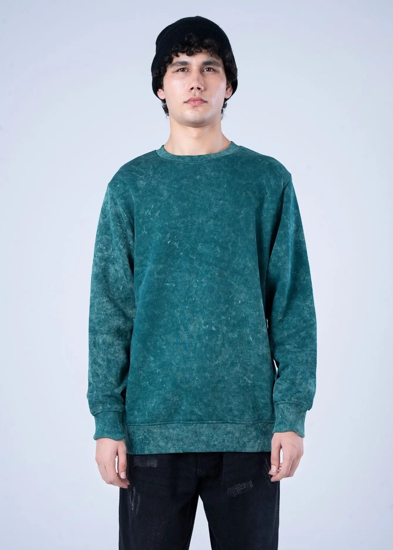 Teal terry crewneck sweatshirt with long sleeves and ribbed hem and cuffs