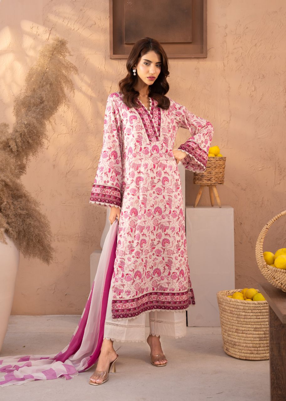 Pink floral printed long tunic with embroidered border and sheer dupatta