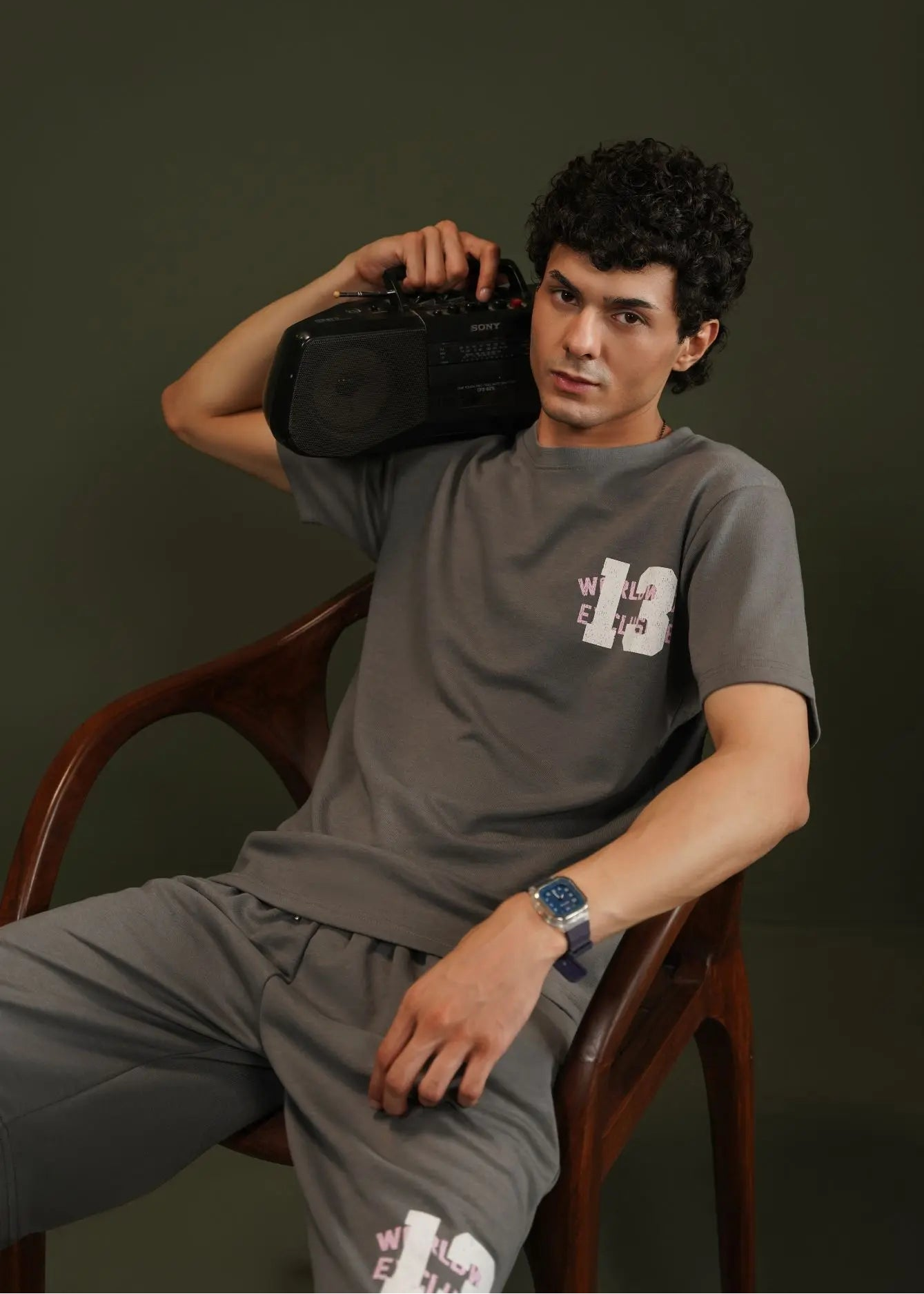 Men's terry short-sleeve t-shirt, charcoal grey, crew neck, chest logo graphic.