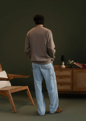 Men's brown sweatshirt from back view, crewneck and long sleeves