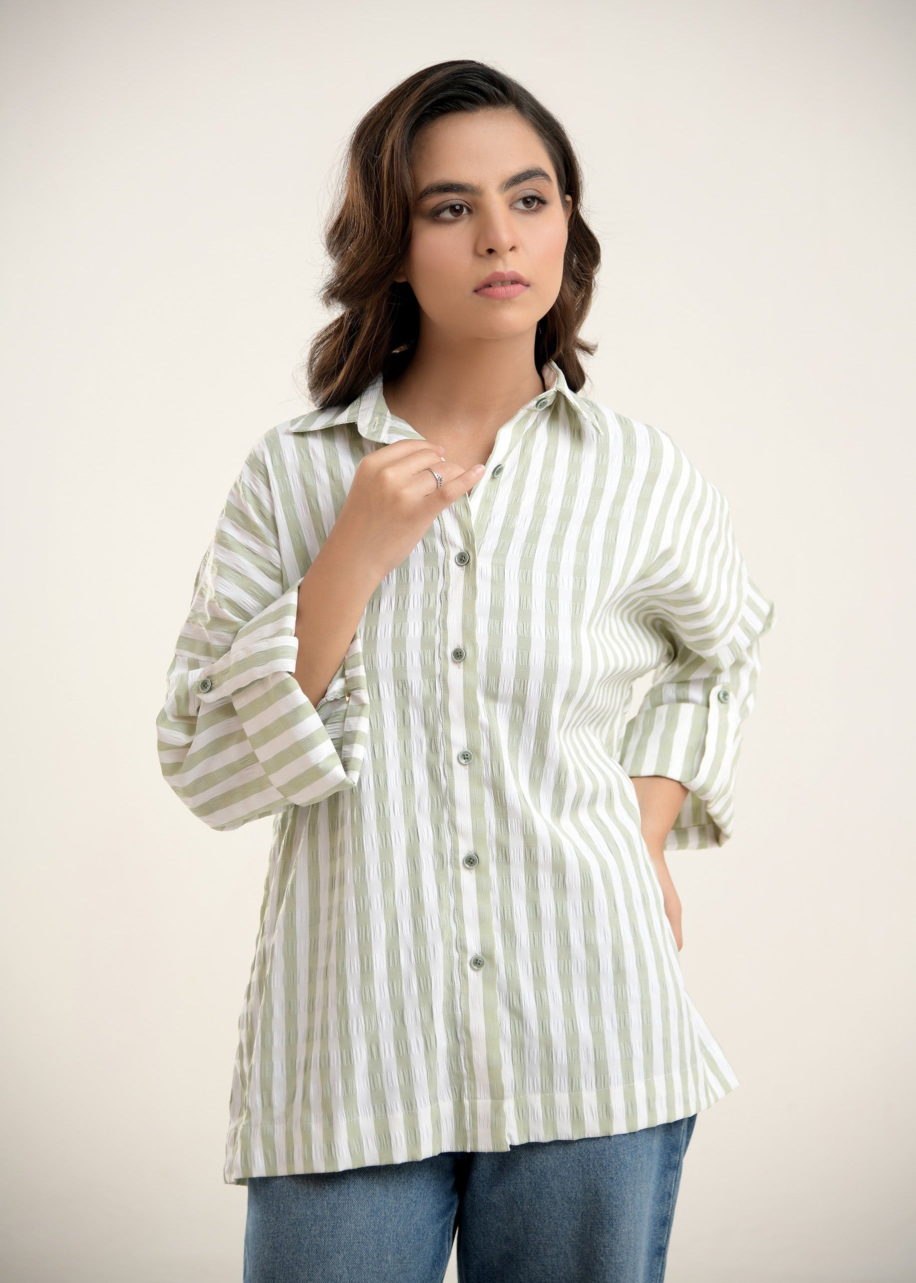 Picture of LDS-6612 WESTERN SHIRT GREEN STRIPE - Chenone Official - Online Shopping