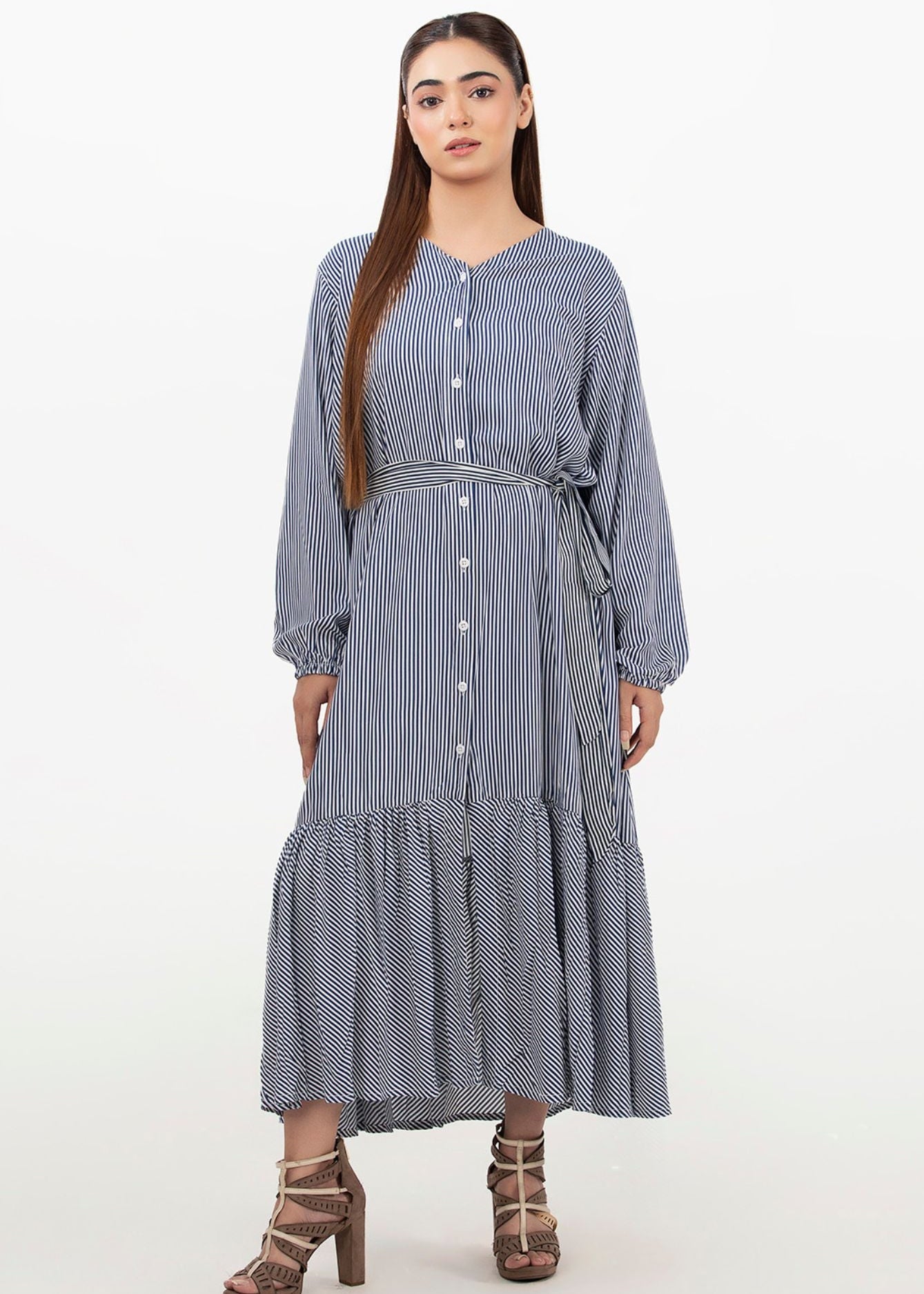 Women’s striped shirt dress in light blue, front view, long sleeves, button-down bodice