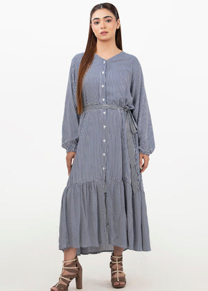 Women’s striped shirt dress in light blue, front view, long sleeves, button-down bodice