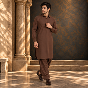 Men's light brown kurta and pajama set, long sleeves, button collar