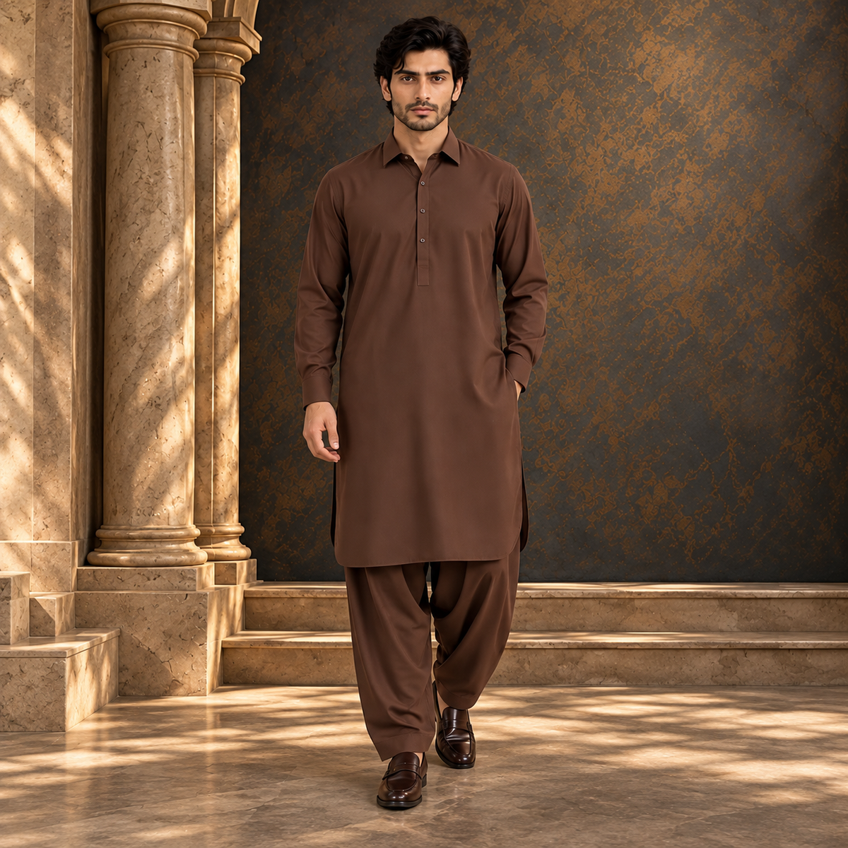 Men's light brown kurta with full button placket and matching pajama trousers