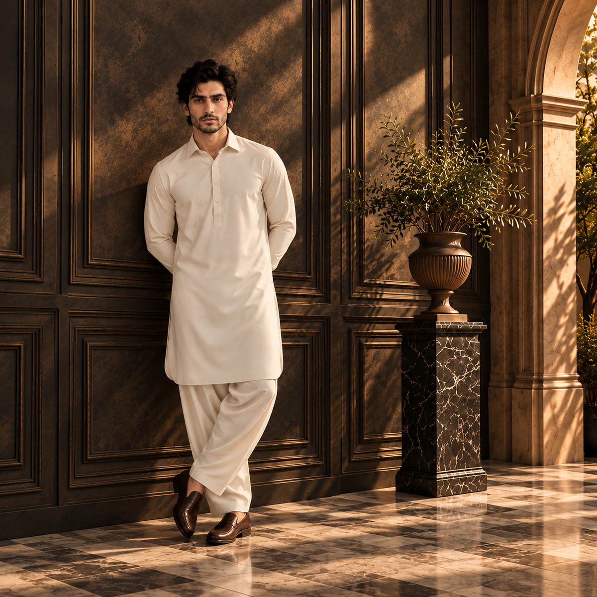 Off-white men's kurta and pajama set, long-sleeve button-up top and trousers
