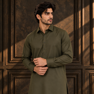 Men's olive ready-to-stitch kurta, button front and stand collar, long sleeves