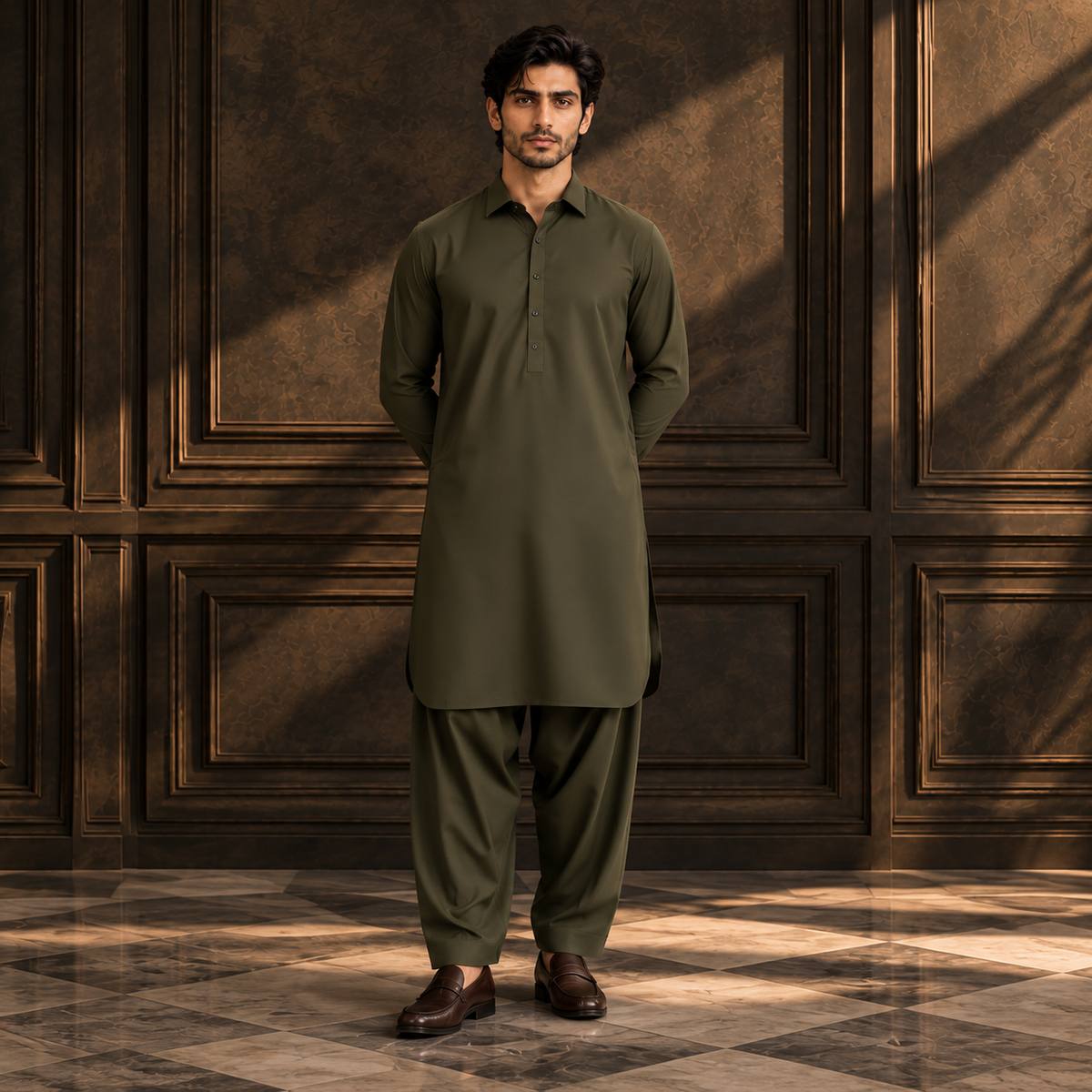 Men's olive ready-to-stitch kurta and pajama set, full length, button front