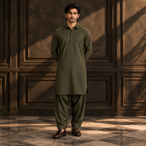 Men's olive ready-to-stitch kurta and pajama set, full length, button front
