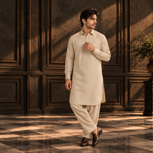 Men's beige kurta with button placket and matching pajama pants