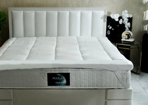 White quilted spring mattress with tufted panels and gray fabric base edge