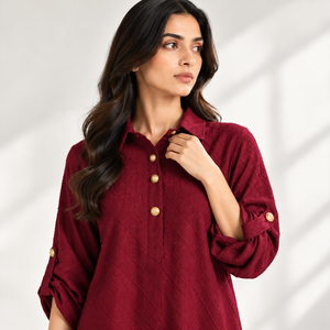 Maroon textured long dress with stand collar and gold button placket detail