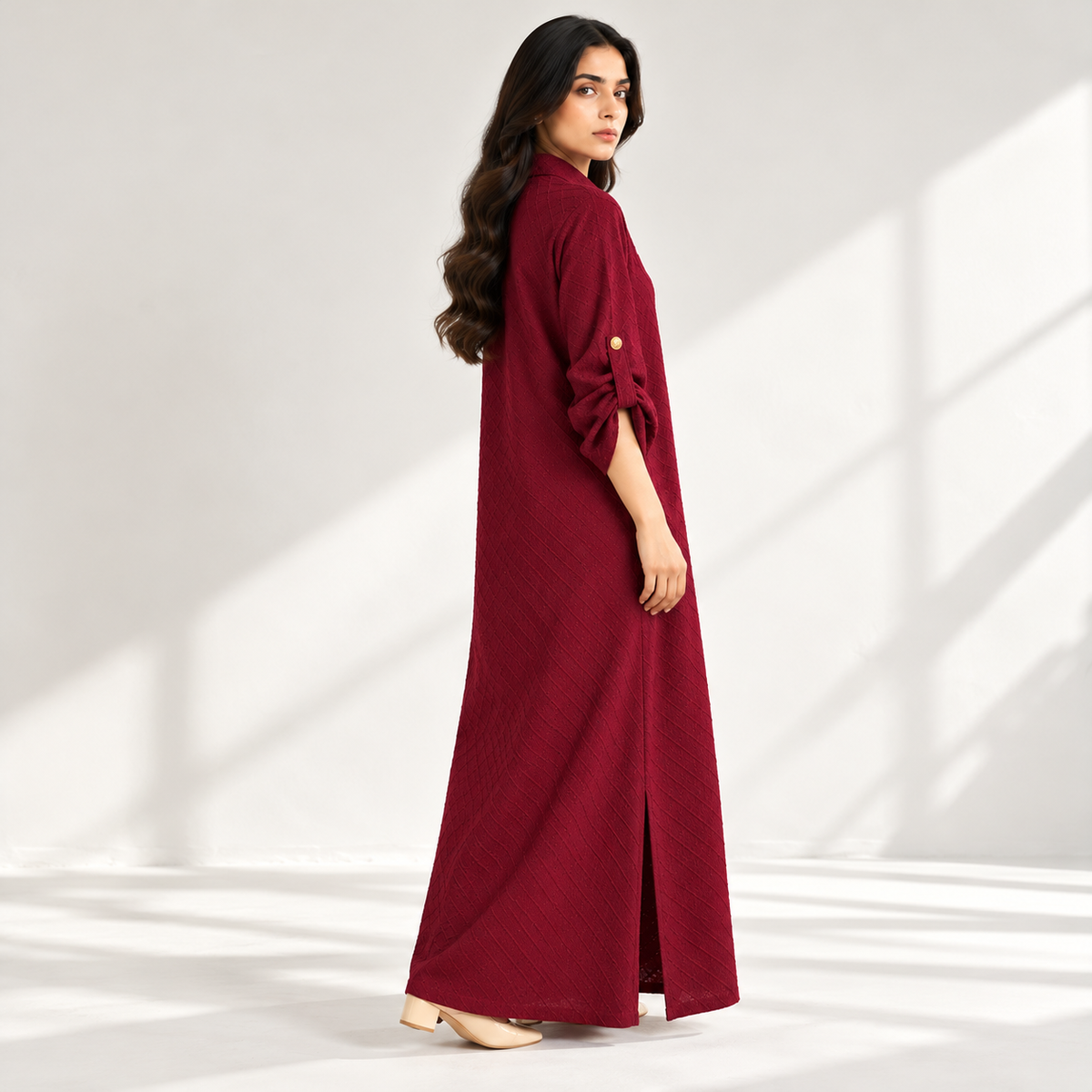 Maroon long-sleeve long dress with button front, stand collar, side slit