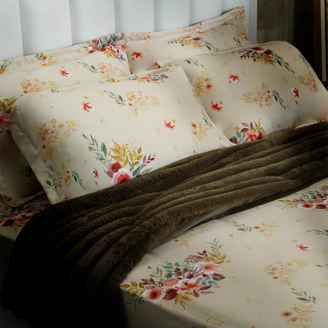 Cotton bed sheet set, butternut cream with colorful floral print and pillowcases